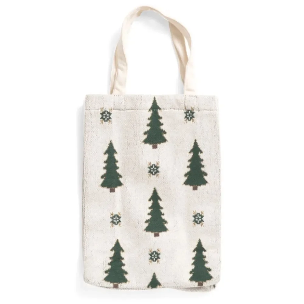CT White Ivory Green Gold Christmas Tree Snowflake Knit Wine Gift Bag